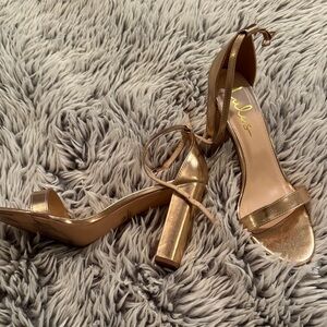 Lulu's Metallic Gold Ankle-Tie Block Heel Sandals